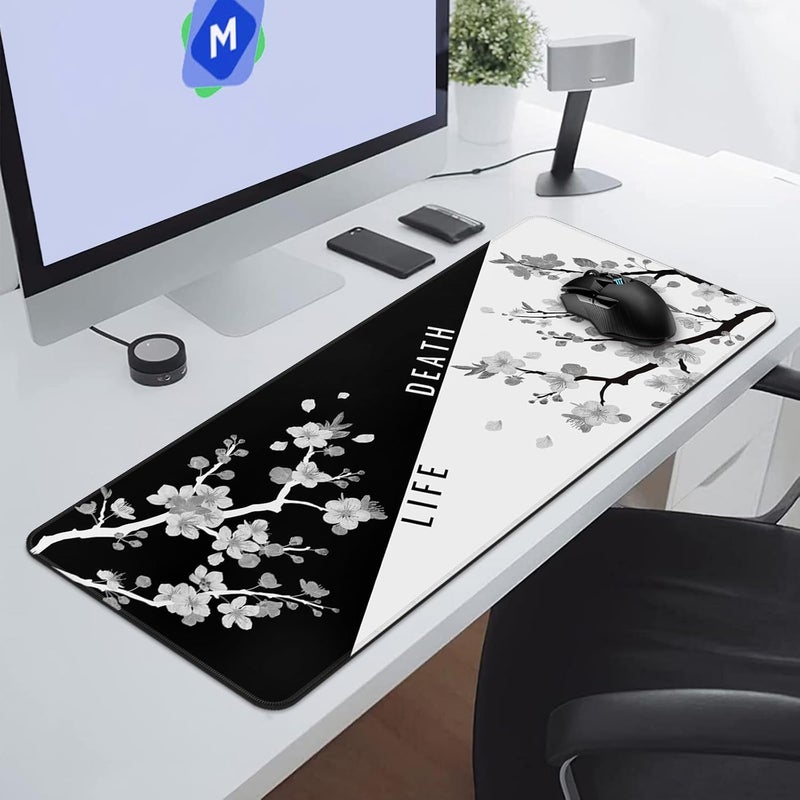 DIGSOM Mouse Pad Gaming Keyboard Pad 31.5 x 11.8 in Gaming Mouse Pad with Anti-Slip Rubber Base and Stitched Edges, Japanese Life Death Keyboard Mat(Black with White Cherry Blossom) - Image 4